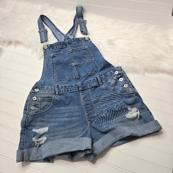 No Boundaries NOBO Denim Bib Shortalls Overall Distressed Shorts Large (11-13) - Picture 1 of 8